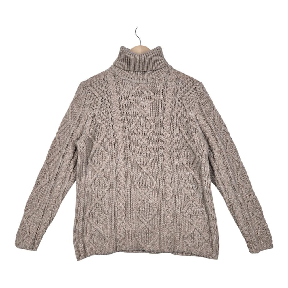 Vintage Eddie Bauer Wool Blend Cable Knit Turtleneck Sweater Petite M Beige